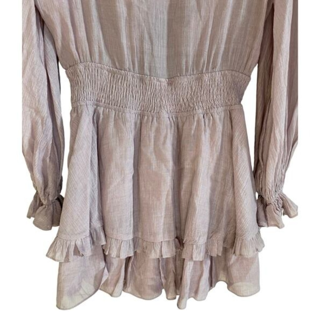 Angel Biba Mauve Ruffle Mini Romper Dress Long Balloon Sleeve Front Tie Small - Picture 8 of 14